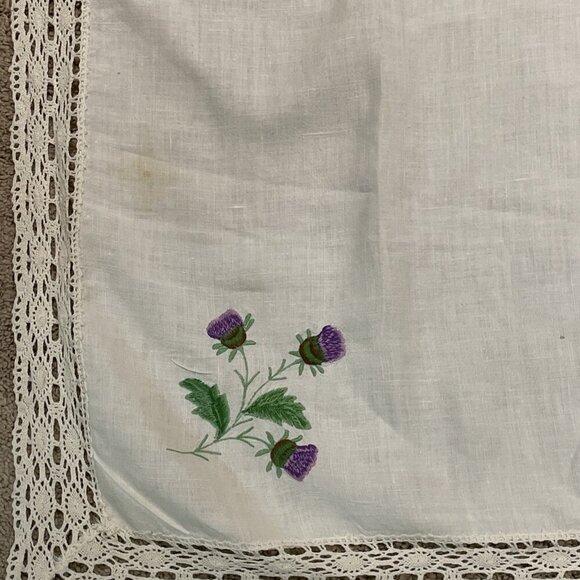 Vintage Embroidered Table Cover Tablecloth Purple Flowers 40X40 Crochet Trim - Picture 4 of 10